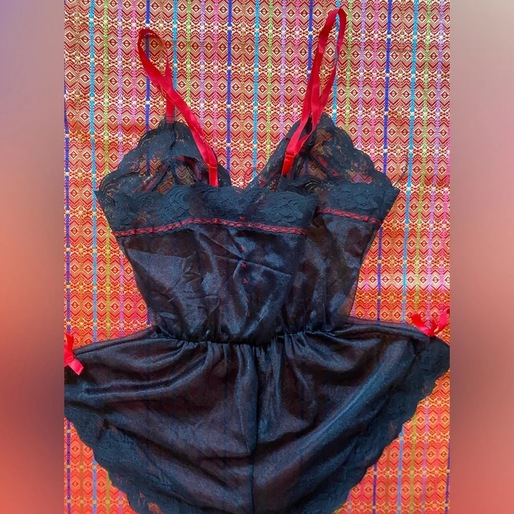 vintage black red sheer high waist one piece M goth rock n roll rocker
